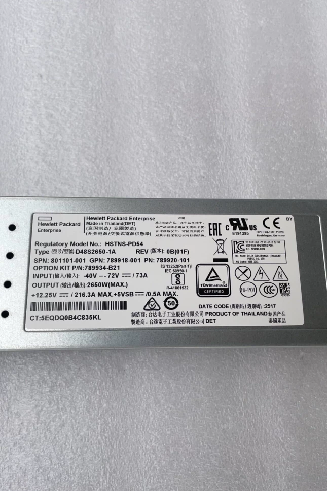 789934-B21 HPE Platinum Hot Plug Power Supply Rear View